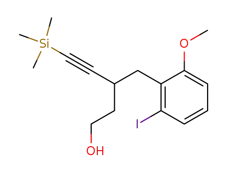 Molecular Structure of 181708-87-2 (3-(2-Iodo-6-methoxy-benzyl)-5-trimethylsilanyl-pent-4-yn-1-ol)