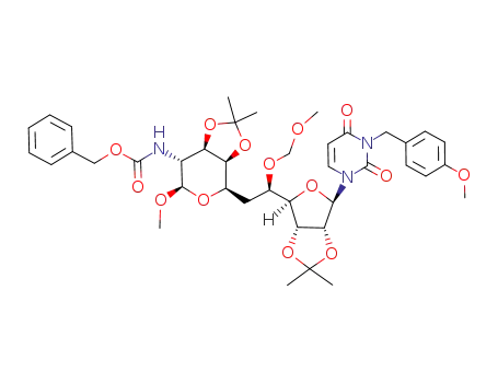 3-(4-Methoxybenzyl)-1-<methyl (11R)-2-<(benzyloxycarbonyl)amino>-2,6-dideoxy-3,4:9,10-di-O-isopropylidene-7-O-(methoxymethyl)-L-allo-β-D-galacto-undecodialdo-1,5-pyranoside-11,8-furanosyl>uracil