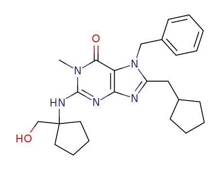 Molecular Structure of 1027185-05-2 (7-Benzyl-8-cyclopentylmethyl-2-(1-hydroxymethyl-cyclopentylamino)-1-methyl-1,7-dihydro-purin-6-one)