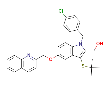 Molecular Structure of 168018-38-0 (1H-Indole-2-methanol,
1-[(4-chlorophenyl)methyl]-3-[(1,1-dimethylethyl)thio]-5-(2-quinolinylmeth
oxy)-)