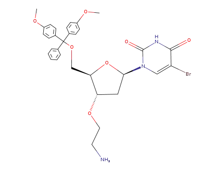 Molecular Structure of 168772-55-2 (5-bromo-1-<3-O-(2-aminoethyl)-2-deoxy-5-O-<4,4'-dimethoxytrityl>-β-D-erythro-pentofuranosyl>uracil)