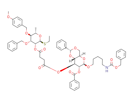 Succinic acid (2R,4aR,6R,7R,8S,8aR)-7-benzoyloxy-6-(5-benzyloxycarbonylamino-pentyloxy)-2-phenyl-hexahydro-pyrano[3,2-d][1,3]dioxin-8-yl ester (2S,3R,4R,5S,6S)-4-benzyloxy-2-ethylsulfanyl-5-(4-methoxy-benzyloxy)-6-methyl-tetrahydro-pyran-3-yl ester