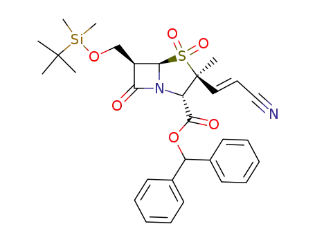 Molecular Structure of 229490-04-4 ((2S,3S,5R,6R)-6-(tert-Butyl-dimethyl-silanyloxymethyl)-3-((E)-2-cyano-vinyl)-3-methyl-4,4,7-trioxo-4λ<sup>6</sup>-thia-1-aza-bicyclo[3.2.0]heptane-2-carboxylic acid benzhydryl ester)