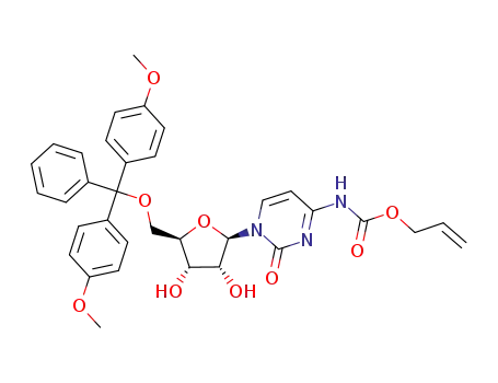 Molecular Structure of 205925-97-9 ((1-{(2R,3R,4S,5R)-5-[Bis-(4-methoxy-phenyl)-phenyl-methoxymethyl]-3,4-dihydroxy-tetrahydro-furan-2-yl}-2-oxo-1,2-dihydro-pyrimidin-4-yl)-carbamic acid allyl ester)