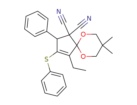Molecular Structure of 141508-89-6 (6,10-Dioxaspiro[4.5]dec-3-ene-1,1-dicarbonitrile,
4-ethyl-8,8-dimethyl-2-phenyl-3-(phenylthio)-)