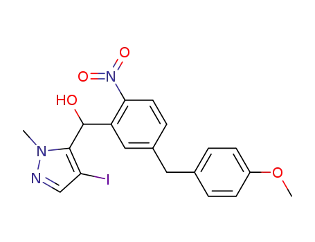 Molecular Structure of 499792-15-3 (1H-Pyrazole-5-methanol,
4-iodo-a-[5-[(4-methoxyphenyl)methyl]-2-nitrophenyl]-1-methyl-)