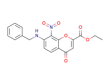 Molecular Structure of 440635-72-3 (4H-1-Benzopyran-2-carboxylic acid,
8-nitro-4-oxo-7-[(phenylmethyl)amino]-, ethyl ester)