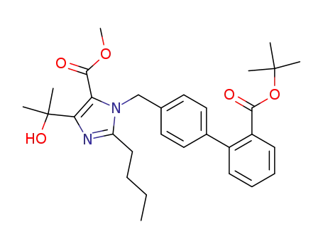 Molecular Structure of 144690-47-1 (1H-Imidazole-5-carboxylic acid,
2-butyl-1-[[2'-[(1,1-dimethylethoxy)carbonyl][1,1'-biphenyl]-4-yl]methyl]-4-
(1-hydroxy-1-methylethyl)-, methyl ester)