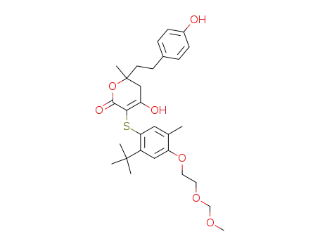 Molecular Structure of 207737-79-9 (3-[2-<i>tert</i>-butyl-4-(2-methoxymethoxy-ethoxy)-5-methyl-phenylsulfanyl]-4-hydroxy-6-[2-(4-hydroxy-phenyl)-ethyl]-6-methyl-5,6-dihydro-pyran-2-one)
