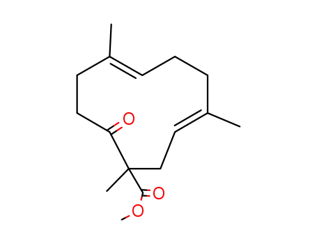 Molecular Structure of 63426-02-8 (3,7-Cycloundecadiene-1-carboxylic acid, 1,4,8-trimethyl-11-oxo-,
methyl ester, (E,E)-)