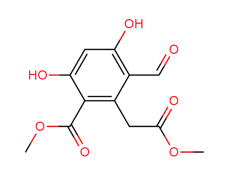 Molecular Structure of 61067-64-9 (Benzeneacetic acid, 2-formyl-3,5-dihydroxy-6-(methoxycarbonyl)-,
methyl ester)