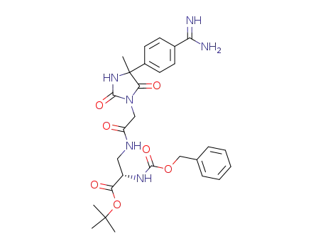 Molecular Structure of 736115-77-8 (2-benzyloxycarbonylamino-3-{2-[4-(4-carbamimidoyl-phenyl)-4-methyl-2,5-dioxo-imidazolidin-1-yl]-acetylamino}-propionic acid <i>tert</i>-butyl ester)