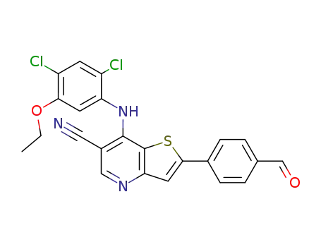 Molecular Structure of 700845-55-2 (Thieno[3,2-b]pyridine-6-carbonitrile,
7-[(2,4-dichloro-5-ethoxyphenyl)amino]-2-(4-formylphenyl)-)