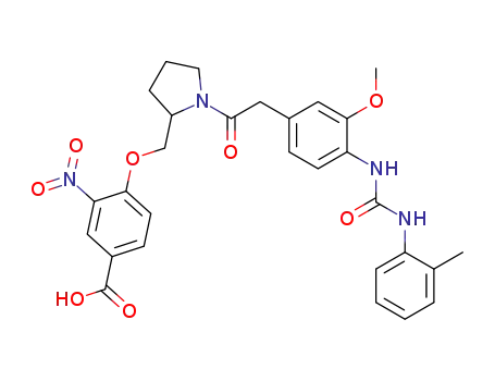 Molecular Structure of 317352-21-9 (4-[1-[3-methoxy-4-[N'-(2-methylphenyl)ureido]phenylacetyl]-2-pyrrolidinylmethoxy]-3-nitrobenzoic Acid)