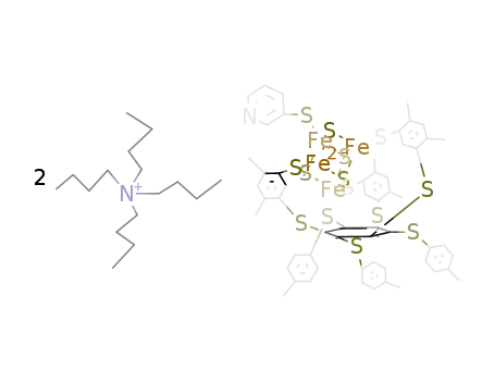 Molecular Structure of 137050-96-5 ((Bu<sub>4</sub>N)2{Fe<sub>4</sub>S<sub>4</sub>(1,3,5-tris((4,6-dimethyl-3-mercapto-phenyl)thio)-2,4,6-tris(p-tolylthio)benzene)(S-3-py)})