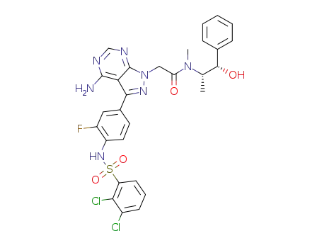Molecular Structure of 330790-85-7 (N<sub>1</sub>-[(1S,2S)-2-Hydroxy-1-methyl-2-phenylethyl]-NI-methyl-2-[4-amino-3-(4-{[(2,3-dichlorophenyl)sulfonyl]amino}-3-fluorophenyl)-1H-pyrazolo[3,4-d]pyrimidin-1-yl]acetamide)
