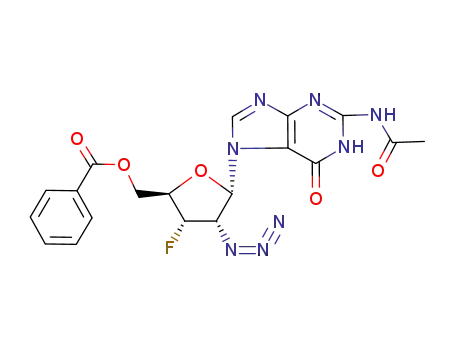 Molecular Structure of 133776-22-4 (Benzoic acid (2R,3S,4S,5S)-5-(2-acetylamino-6-oxo-1,6-dihydro-purin-7-yl)-4-azido-3-fluoro-tetrahydro-furan-2-ylmethyl ester)