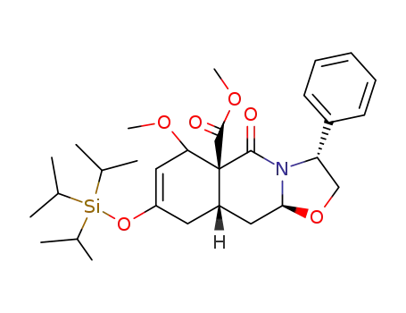 Molecular Structure of 602302-21-6 ((3R,5aS,9aS,10aS)-6-methoxy-5a-(methoxycarbonyl)-5-oxo-3-phenyl-8-(triisopropylsilyloxy)-2,3,9,9a,10,10a-hexahydro-6H-oxazolo[3,2-b]isoquinoline)