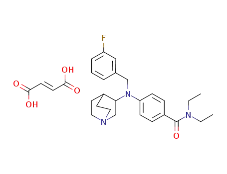 Molecular Structure of 682778-47-8 (Benzamide,
4-[1-azabicyclo[2.2.2]oct-3-yl[(3-fluorophenyl)methyl]amino]-N,N-diethyl-
, (2E)-2-butenedioate (1:1))