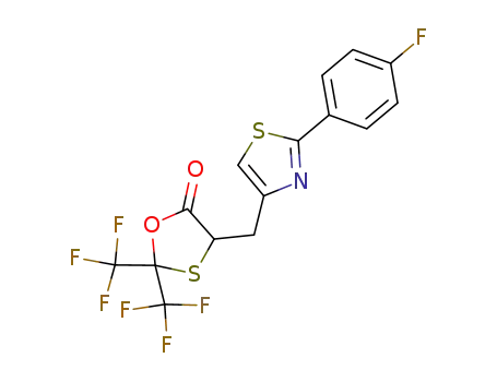 Molecular Structure of 1026822-84-3 (4-[2-(4-fluorophenyl)-thiazol-4-ylmethyl]-2,2-bis(trifluoromethyl)-1,3-oxathiolan-5-one)