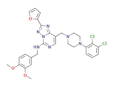 Molecular Structure of 508237-19-2 (8-[4-(2,3-Dichlorophenyl)piperazin-1-ylmethyl]-5-(3,4-dimethoxybenzylamino)-2-(2-furyl)[1,2,4]triazolo[1,5-c]pyrimidine)