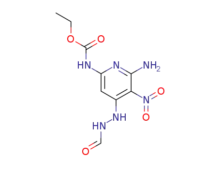 Molecular Structure of 130145-65-2 (Carbamic acid, [6-amino-4-(2-formylhydrazino)-5-nitro-2-pyridinyl]-,
ethyl ester)
