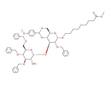 Molecular Structure of 161453-82-3 (8-Methoxycarbonyloctyl 2-O-benzyl-4,6-O-p-methoxy-benzylidene-3-O-(3,4,6-tri-O-benzyl-α-D-glucopyranosyl)-α-D-glucopyranoside)
