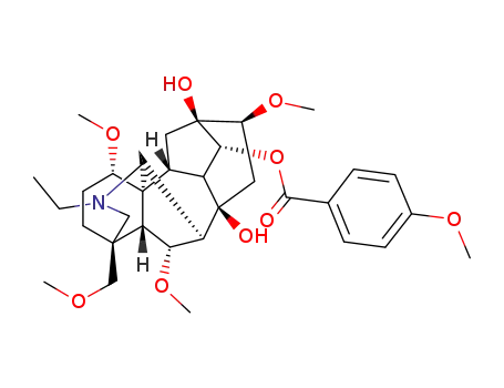 Molecular Structure of 91794-14-8 (20-ethyl-8,13-dihydroxy-1,6,16-trimethoxy-4-(methoxymethyl)aconitan-14-yl 4-methoxybenzoate)