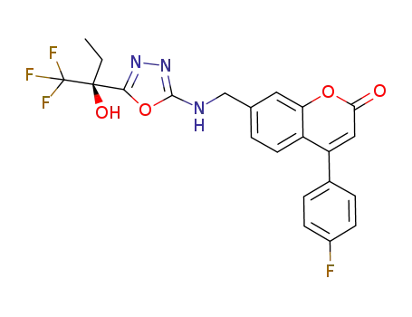 Molecular Structure of 910656-27-8 (4-(4-Fluorophenyl)-7-[[[5-[(1S)-1-hydroxy-1-(trifluoromethyl)propyl]-1,3,4-oxadiazol-2-yl]amino]methyl]-2H-1-benzopyran-2-one)