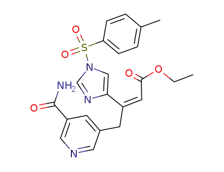 Molecular Structure of 189936-35-4 (2-Butenoic acid,
4-[5-(aminocarbonyl)-3-pyridinyl]-3-[1-[(4-methylphenyl)sulfonyl]-1H-imid
azol-4-yl]-, ethyl ester, (Z)-)
