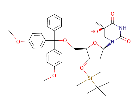 Molecular Structure of 157134-56-0 ((R)-1-[(2R,4S,5R)-5-[Bis-(4-methoxy-phenyl)-phenyl-methoxymethyl]-4-(tert-butyl-dimethyl-silanyloxy)-tetrahydro-furan-2-yl]-5-hydroxy-5-methyl-dihydro-pyrimidine-2,4-dione)