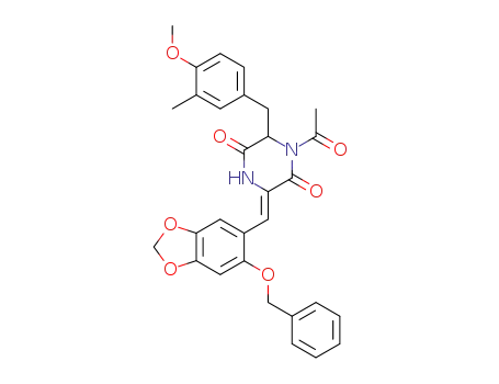 Molecular Structure of 187040-41-1 (1-Acetyl-3-[1-(6-benzyloxy-benzo[1,3]dioxol-5-yl)-meth-(Z)-ylidene]-6-(4-methoxy-3-methyl-benzyl)-piperazine-2,5-dione)