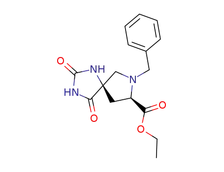 Molecular Structure of 171336-72-4 ((2R,4R)-1-benzyl-2-ethoxycarbonylpyrrolidine-4-spiro-5'-hydantoin)