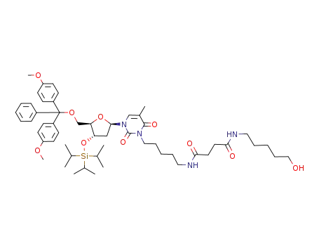 Molecular Structure of 175853-96-0 (N-[5-(3-{(2R,4S,5R)-5-[Bis-(4-methoxy-phenyl)-phenyl-methoxymethyl]-4-triisopropylsilanyloxy-tetrahydro-furan-2-yl}-5-methyl-2,6-dioxo-3,6-dihydro-2H-pyrimidin-1-yl)-pentyl]-N'-(5-hydroxy-pentyl)-succinamide)
