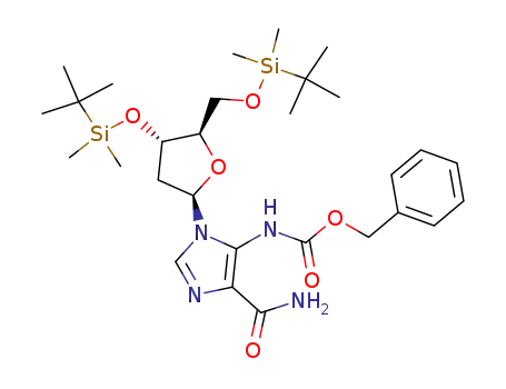Molecular Structure of 170871-03-1 ({3-[(2R,4S,5R)-4-(tert-Butyl-dimethyl-silanyloxy)-5-(tert-butyl-dimethyl-silanyloxymethyl)-tetrahydro-furan-2-yl]-5-carbamoyl-3H-imidazol-4-yl}-carbamic acid benzyl ester)