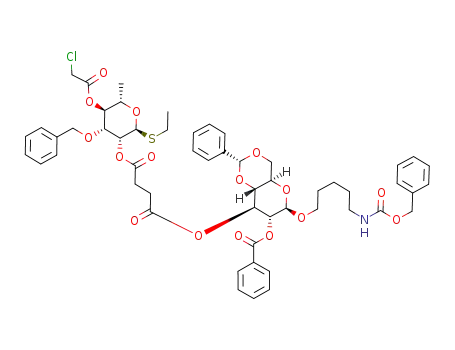 Succinic acid (2R,4aR,6R,7R,8S,8aR)-7-benzoyloxy-6-(5-benzyloxycarbonylamino-pentyloxy)-2-phenyl-hexahydro-pyrano[3,2-d][1,3]dioxin-8-yl ester (2S,3R,4R,5S,6S)-4-benzyloxy-5-(2-chloro-acetoxy)-2-ethylsulfanyl-6-methyl-tetrahydro-pyran-3-yl ester