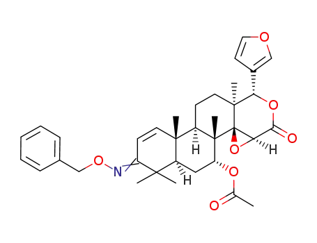 Molecular Structure of 1072032-75-7 ((1S,3aS,41R,4a1S,5R,10aS,12aS)-8-(benzyloxyimino)-1-(furan-3-yl)-4a1,7,7,10a,12a-pentamethyl-3-oxo-1,3.3a,4a1,5,6,6a,7,8,10a,10b,11,12,12a-tetradecahydronaphtho[2,1-f]oxireno[2,3-d]isochromen-5-yl acetate)