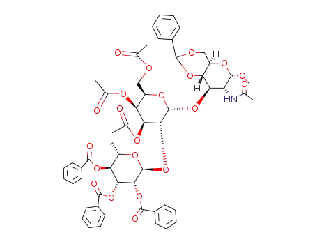 Molecular Structure of 139760-31-9 (Methyl O-(2,3,4-tri-O-benzoyl-α-L-rhamnopyranosyl)-(1->2)-O-(3,4,6-tri-O-acetyl-α-D-galactopyranosyl)-(1->3)-2-acetamido-4,6-O-benzylidene-2-deoxy-α-D-glucopyranoside)
