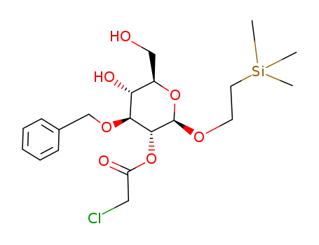 Molecular Structure of 1054644-54-0 (Chloro-acetic acid (2R,3R,4S,5R,6R)-4-benzyloxy-5-hydroxy-6-hydroxymethyl-2-(2-trimethylsilanyl-ethoxy)-tetrahydro-pyran-3-yl ester)