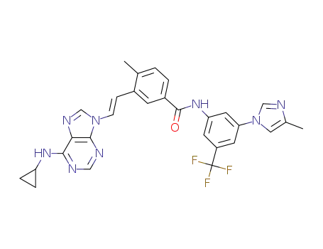 Molecular Structure of 926922-16-9 (Benzamide, 3-[(1E)-2-[6-(cyclopropylamino)-9H-purin-9-yl]ethenyl]-4-methyl-N-[3-(4-methyl-1H-imidazol-1-yl)-5-(trifluoromethyl)phenyl]-)