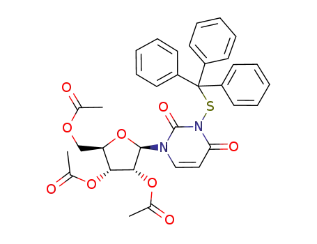 Molecular Structure of 117901-67-4 (Acetic acid (2R,3R,4R,5R)-4-acetoxy-5-acetoxymethyl-2-(2,4-dioxo-3-tritylsulfanyl-3,4-dihydro-2H-pyrimidin-1-yl)-tetrahydro-furan-3-yl ester)
