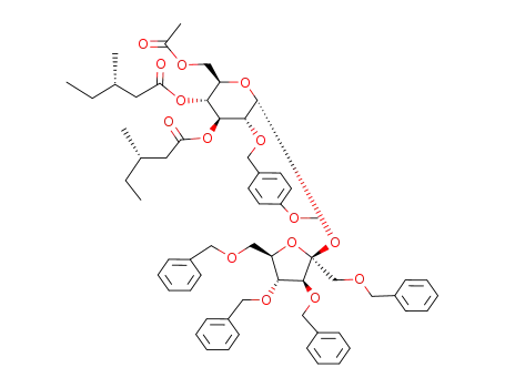 Molecular Structure of 178685-25-1 ((S)-3-Methyl-pentanoic acid (2R,3R,4S,5R,6R)-2-acetoxymethyl-6-((2S,3S,4R,5R)-3,4-bis-benzyloxy-2,5-bis-benzyloxymethyl-tetrahydro-furan-2-yloxy)-5-(4-methoxy-benzyloxy)-3-((S)-3-methyl-pentanoyloxy)-tetrahydro-pyran-4-yl ester)