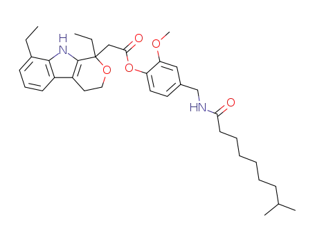 Molecular Structure of 1224429-03-1 ((1,8-diethyl-1,3,4,9-tetrahydro-pyrano[3,4-b]indol-1-yl)-acetic acid 2-methoxy-4-[(8-methyl-nonanoylamino)-methyl]-phenyl ester)