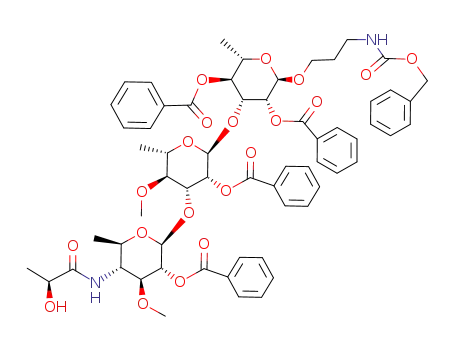 Molecular Structure of 179601-57-1 (3-(Benzyloxycarbonylamino)propyl 2,4-di-O-benzoyl-3-O-{2-O-benzoyl-4-O-methyl-3-O-[2-O-benzoyl-4-(L-2'-hydroxy)propionamido-3-methyl-β-D-quinovopyranosyl]-α-L-rhamnopyranosyl}-α-L-rhamnopyranoside)