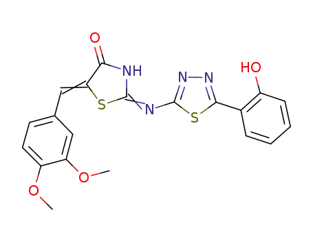 Molecular Structure of 1248828-44-5 (2-[{5-(2-hydroxyphenyl)-[1,3,4]-thiadiazol-2-yl}imino]-5-(3,4-dimethoxybenzylidene)-1,3-thiazolidin-4-one)