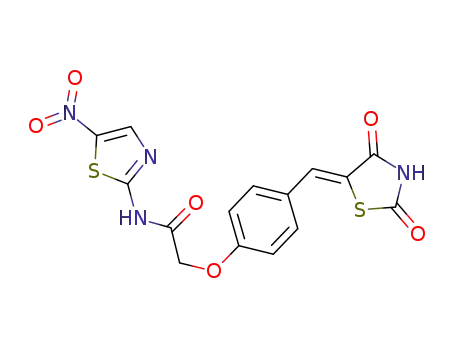 Molecular Structure of 1228763-97-0 ((Z)-2-(4-((2,4-dioxothiazolidin-5-ylidene)methyl)phenoxy)-N-(5-nitrothiazol-2-yl)acetamide)