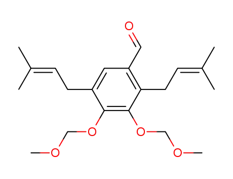 Molecular Structure of 1026147-98-7 (3,4-Bis-methoxymethoxy-2,5-bis-(3-methyl-but-2-enyl)-benzaldehyde)