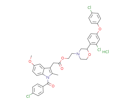 Molecular Structure of 1243257-37-5 (2-[(2-chloro-4-(4-chlorophenoxy)phenyl)morpholino-4-yl]ethyl 1-(4-chlorobenzoyl)-5-methoxy-2-methyl-1H-indol-3-acetate hydrochloride)