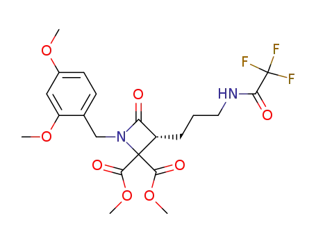 Molecular Structure of 439089-67-5 ((R)-1-(2,4-Dimethoxy-benzyl)-4-oxo-3-[3-(2,2,2-trifluoro-acetylamino)-propyl]-azetidine-2,2-dicarboxylic acid dimethyl ester)