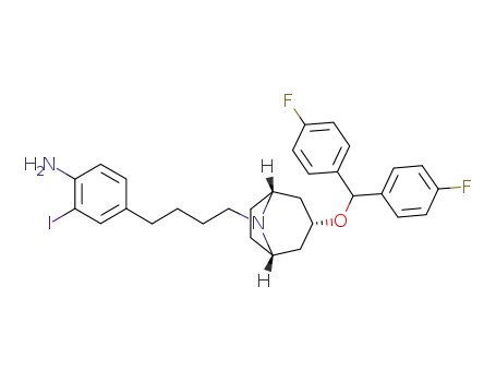 Molecular Structure of 203048-98-0 (4-(4-{(1R,3R,5S)-3-[Bis-(4-fluoro-phenyl)-methoxy]-8-aza-bicyclo[3.2.1]oct-8-yl}-butyl)-2-iodo-phenylamine)